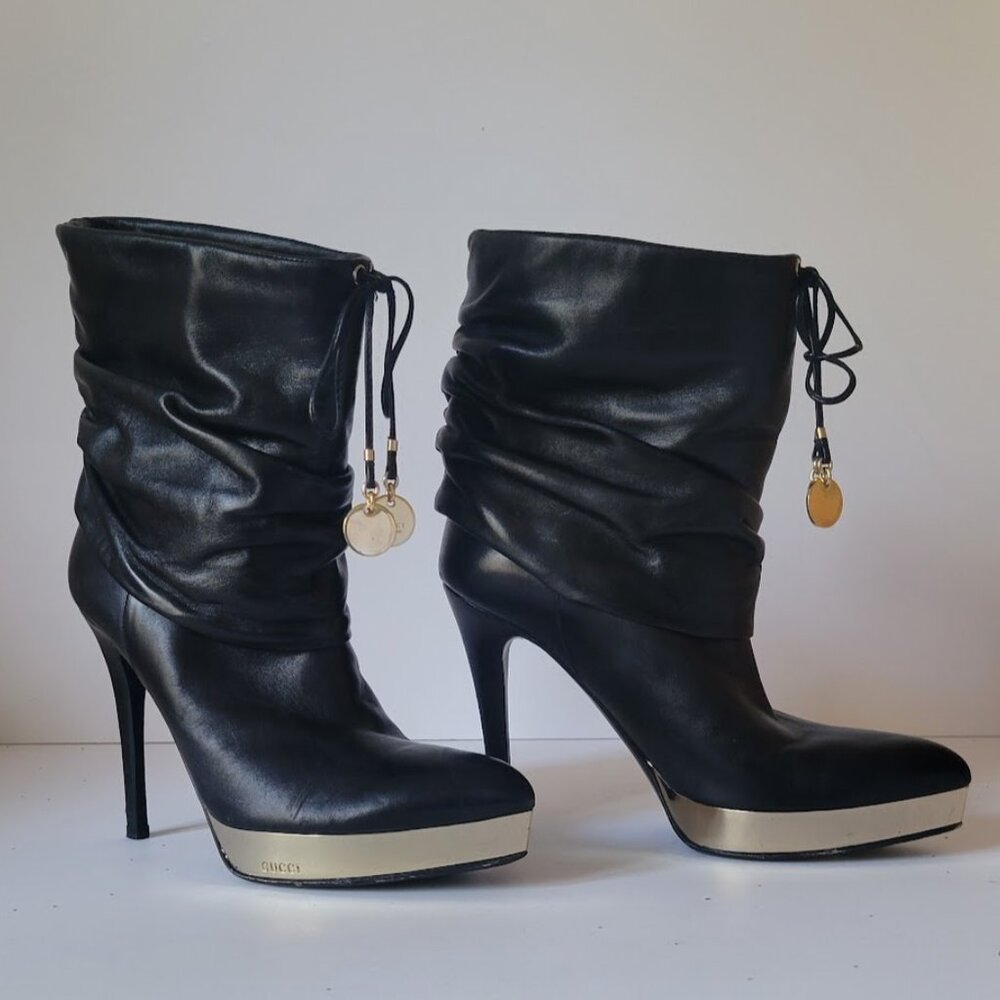Gucci Buttery Leather Slouch Platform Boot Gold Platform High Heel Tie Detail